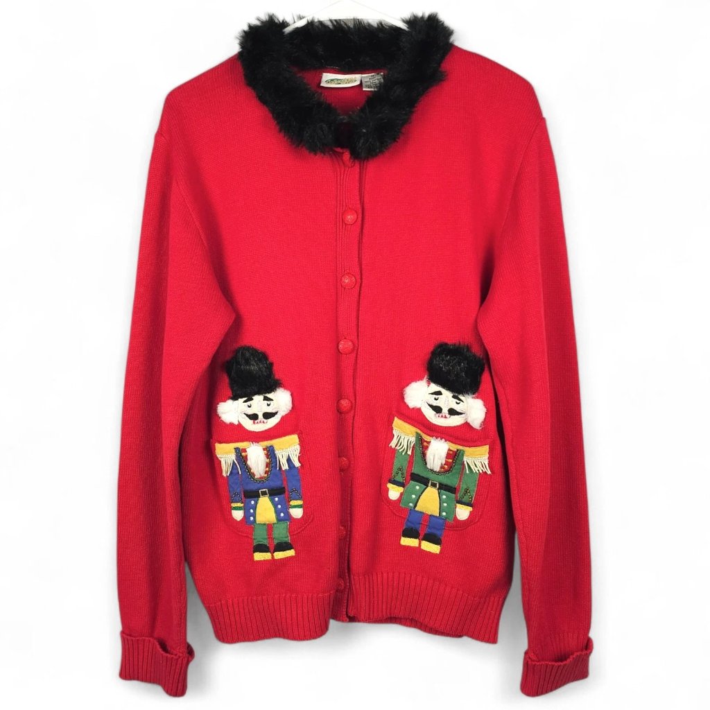 Vtg Collections Etc Nutcracker Christmas Cardigan M Red Faux Fur Ugly Sweater